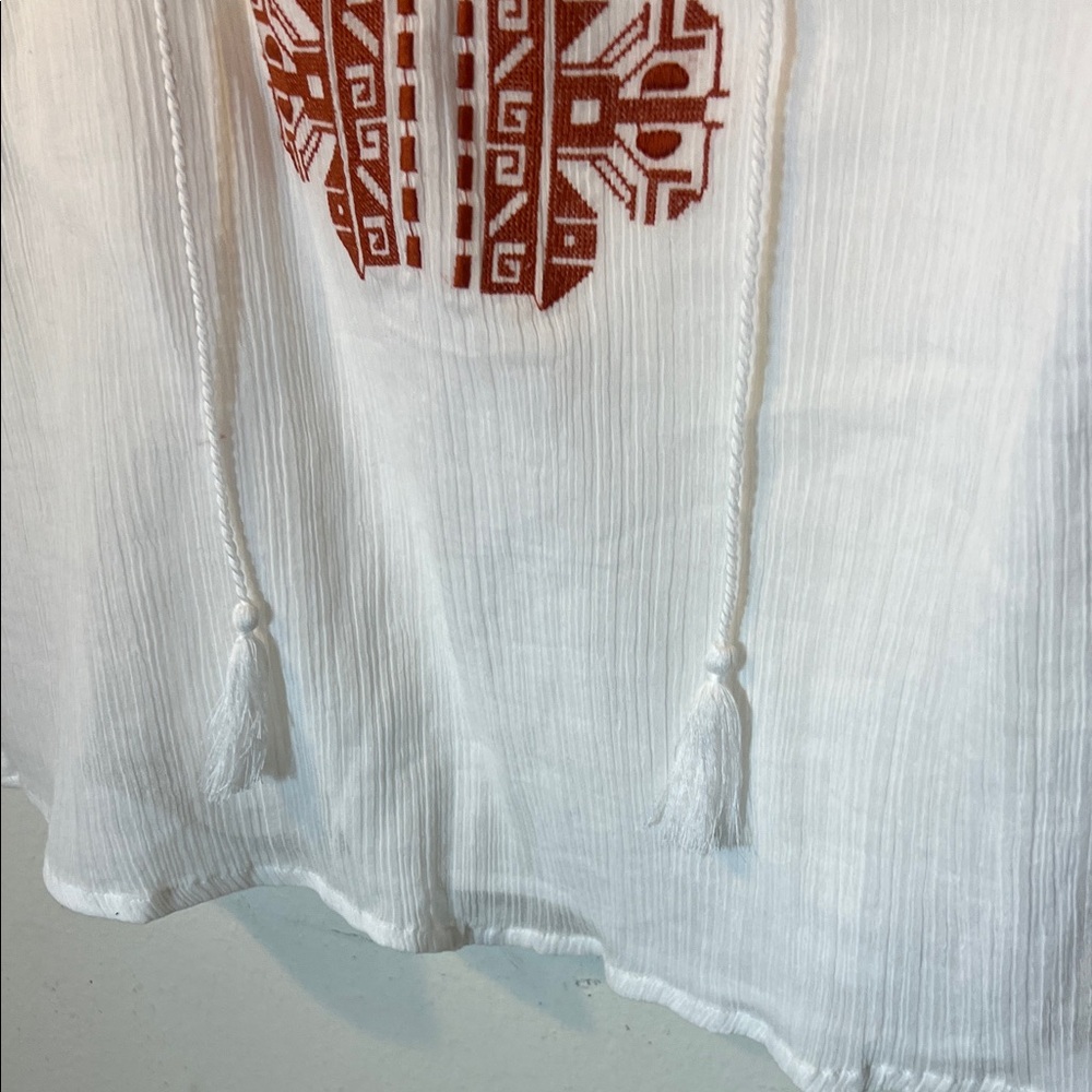 Jade White Blouse with Rust Burnt Orange Embroidery 3/4 Sleeve Boho Large - Picture 5 of 7